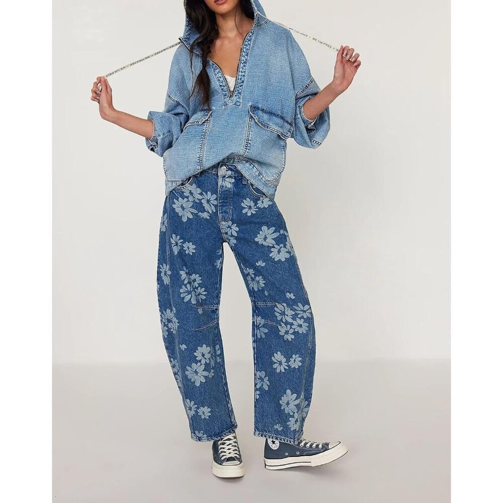 Women's Baggy Wide Leg Denim Jeans Floral Print Mid Rise Ankle Pants - Picture 5 of 6